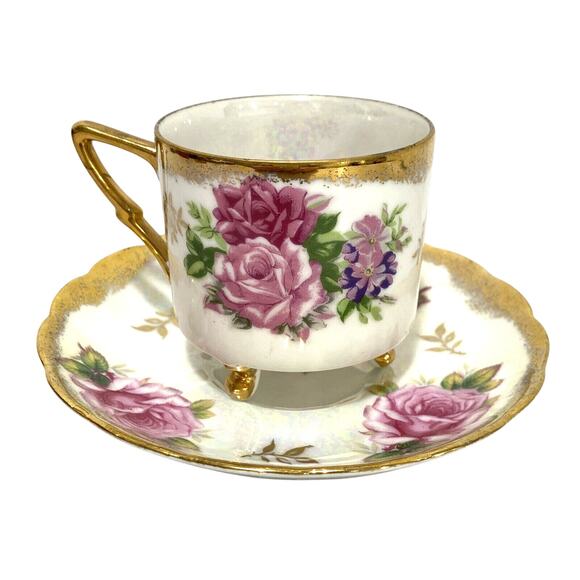 LM Royal Halsey Tea Cup & Saucer Set Iridescent Porcelain Pink Roses & Gold Trim - Picture 6 of 12